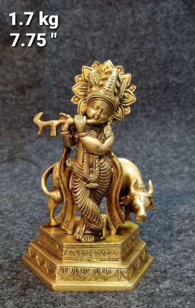 Brass Krishna With Cow Idols 1.7kg 7.75"inches