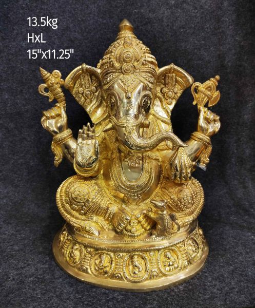 Large Seated Brass Ganesh with Carved Base