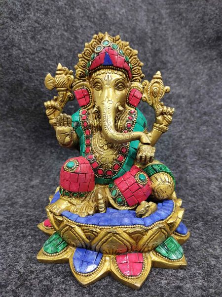 Brass Ganesh on Lotus with Stone Work