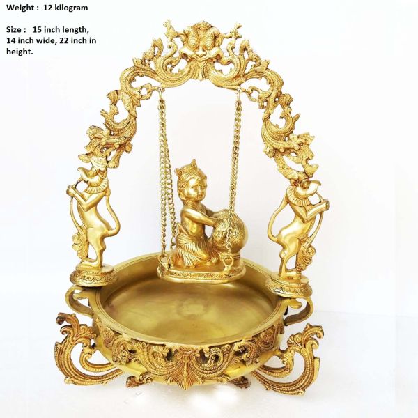 Brass Makhan Krishna Jhula Urli. 12kg, 14''*22''*15''