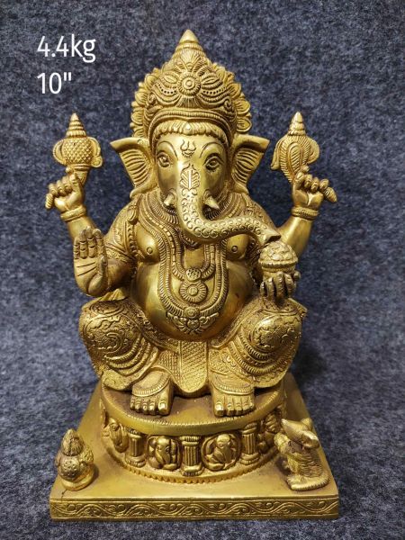 Brass Ganesh with Tiered Crown on Square Plinth