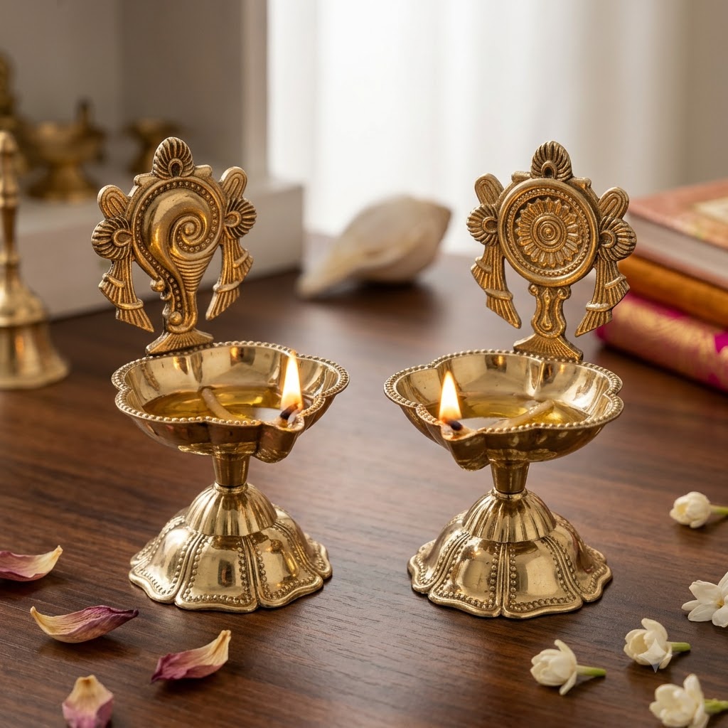 Pure Brass Shankh Chakra Diya Set – Traditional Single Baati Oil Lamp for Mandir & Puja