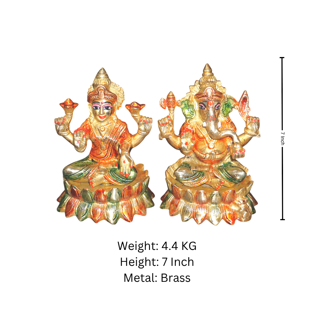 7-inch brass Laxmi Ganesh idols set with vibrant color work.