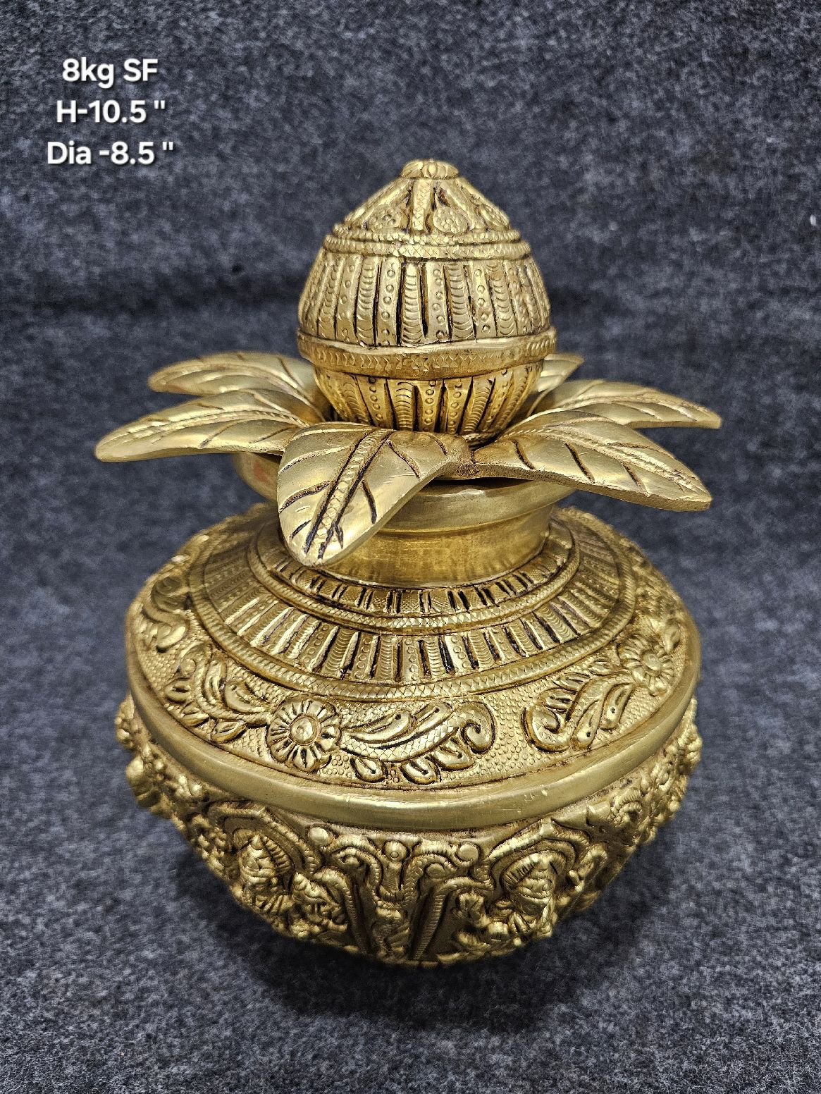 Pure Brass Ashta Lakshmi Kalash with Nariyal & Mango Leaves (8 kg, Height 10.5")