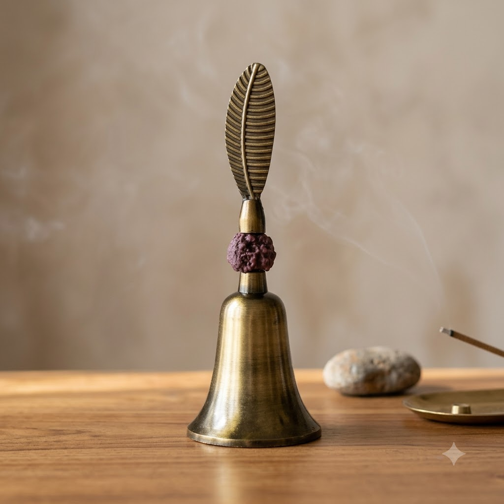 Antique Brass Finish Zinc Rudraksha Hand Bell with Feather Handle (6 Inch, 82g)