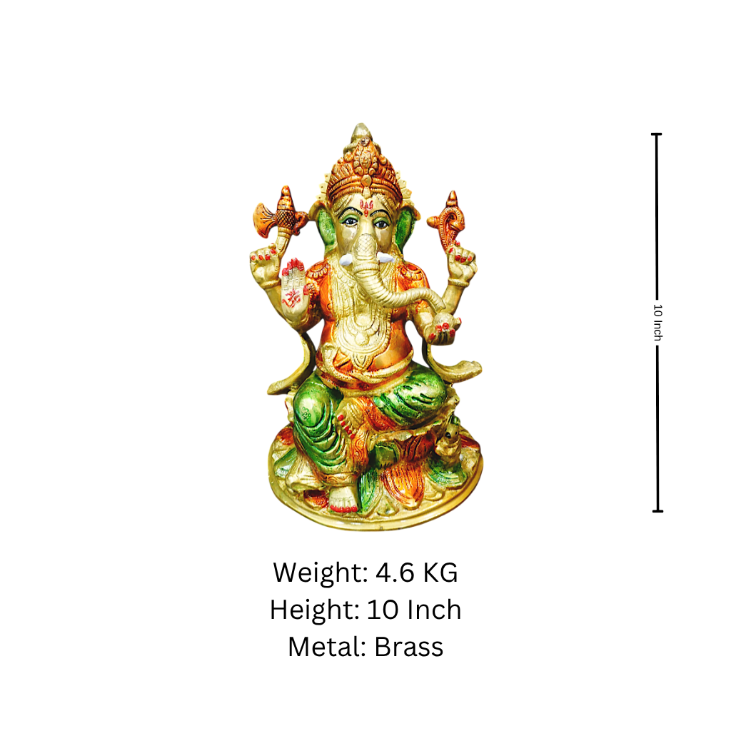 10-inch hand-painted brass Ganesh statue 5 KG for home pooja