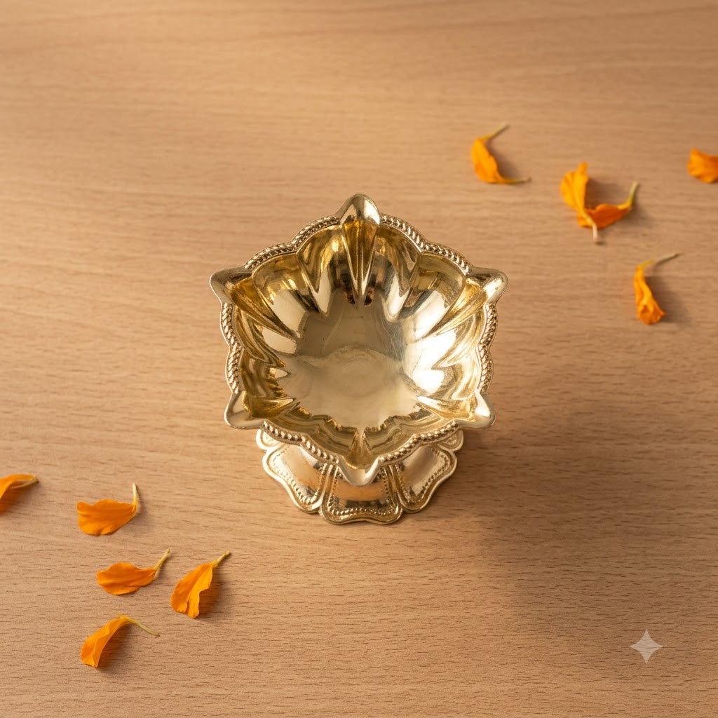 Pure Brass Panch Aarti Diya – 5 Baati Traditional Oil Lamp with Pedestal Stand for Mandir & Pooja