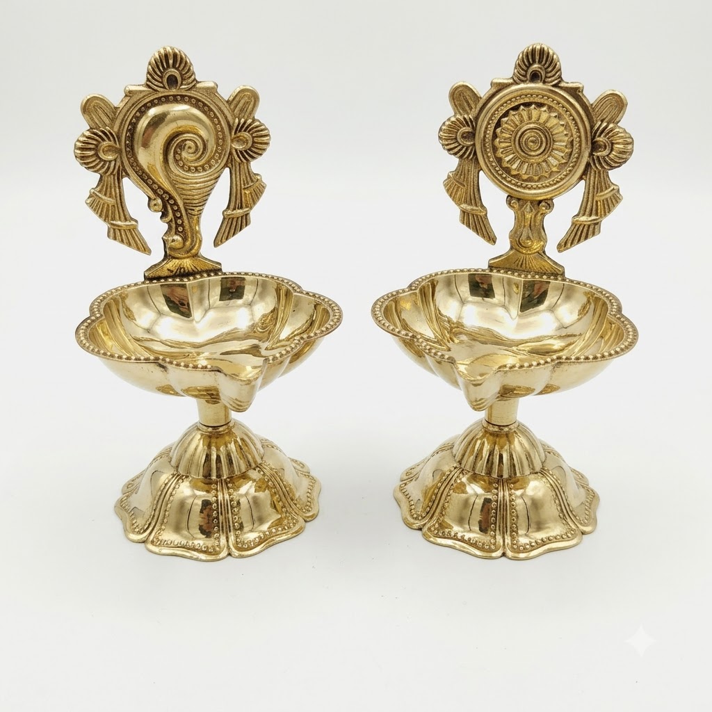Pure Brass Shankh Chakra Diya Set – Traditional Single Baati Oil Lamp for Mandir & Puja