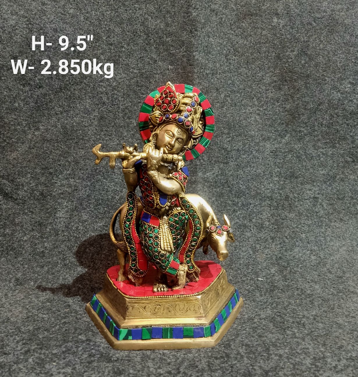 Brass Krishna With Cow Idol 2.850Kg 9.5"Inches