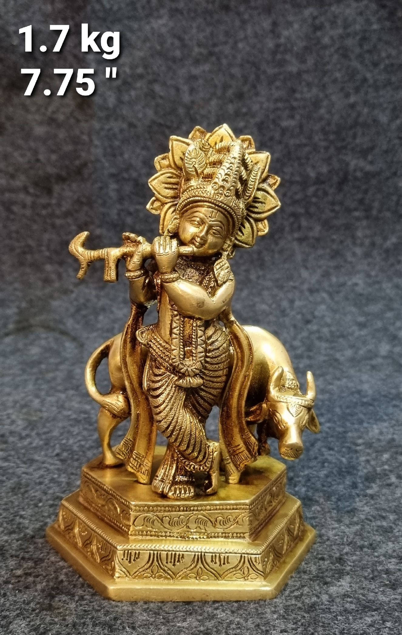 Brass Krishna With Cow Idols 1.7kg 7.75"inches