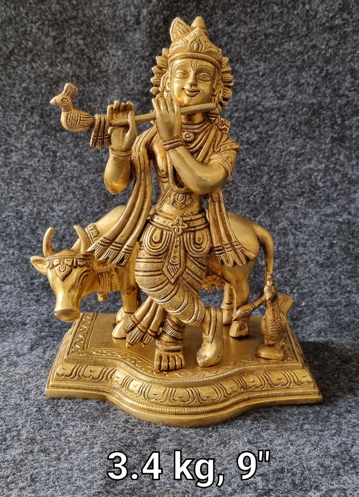 Brass Krishna With Cow 3.4Kg 9"Inch