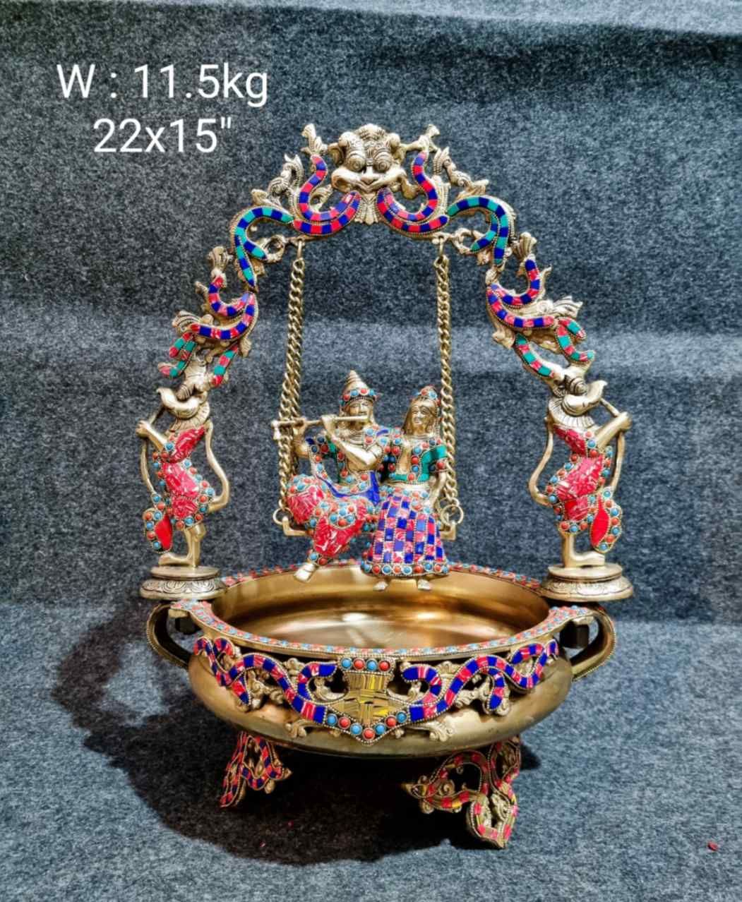 Brass Radha-Krishna Jhula Urli. 10.5 kg, 21.5''