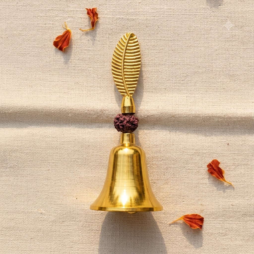 Gold Brass Finish Zinc Rudraksha Hand Bell with Feather Handle (6 Inch, 82g) (Copy)